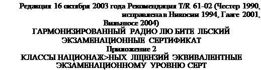 Подпись: Редакция 16 октября 2003 года Рекомендация T/R 61-02 (Честер 1990, исправлена в Никосии 1994, Гааге 2001,  Вильнюсе 2004)  ГАРМОНИЗИРОВАННЫЙ РАДИО ЛЮ БИТЕ ЛБСКИЙ  ЭКЗАМЕНАЦИОННЫЕ СЕРТИФИКАТ  Приложение 2  КЛАССЫ НАЦИОНАЖ>НЫХ ЛЩЕНЗИЙ ЭКВИВАЛЕНТНЫЕ  ЭКЗАМЕНАЦИОННОМУ УРОВНЮ СЕРТ